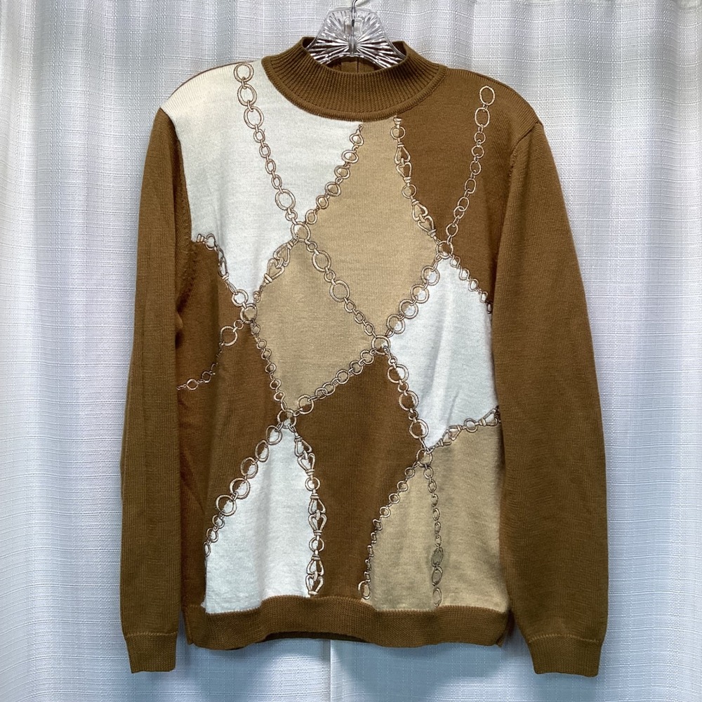 Alfred Dunner Womens Brown Colorblock Chain Print Mock Neck Zip Back Sweater M